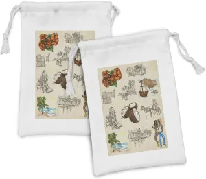 Ambesonne Jamaican Fabric Pouch Set of 2, Hand Drawn Illustrations of Elements from Caribbean Cultures Old Paper Effect, Small Drawstring Bag for Toiletries Masks and Favors, 9" x 6", Multicolor