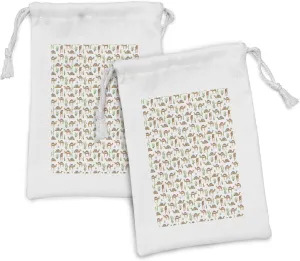 Ambesonne Oriental Fabric Pouch Set of 2, Watercolor Style Interpretation of Camels with Ornamental Saddle and Cacti, Small Drawstring Bag for Toiletries Masks and Favors, 9" x 6", Multicolor