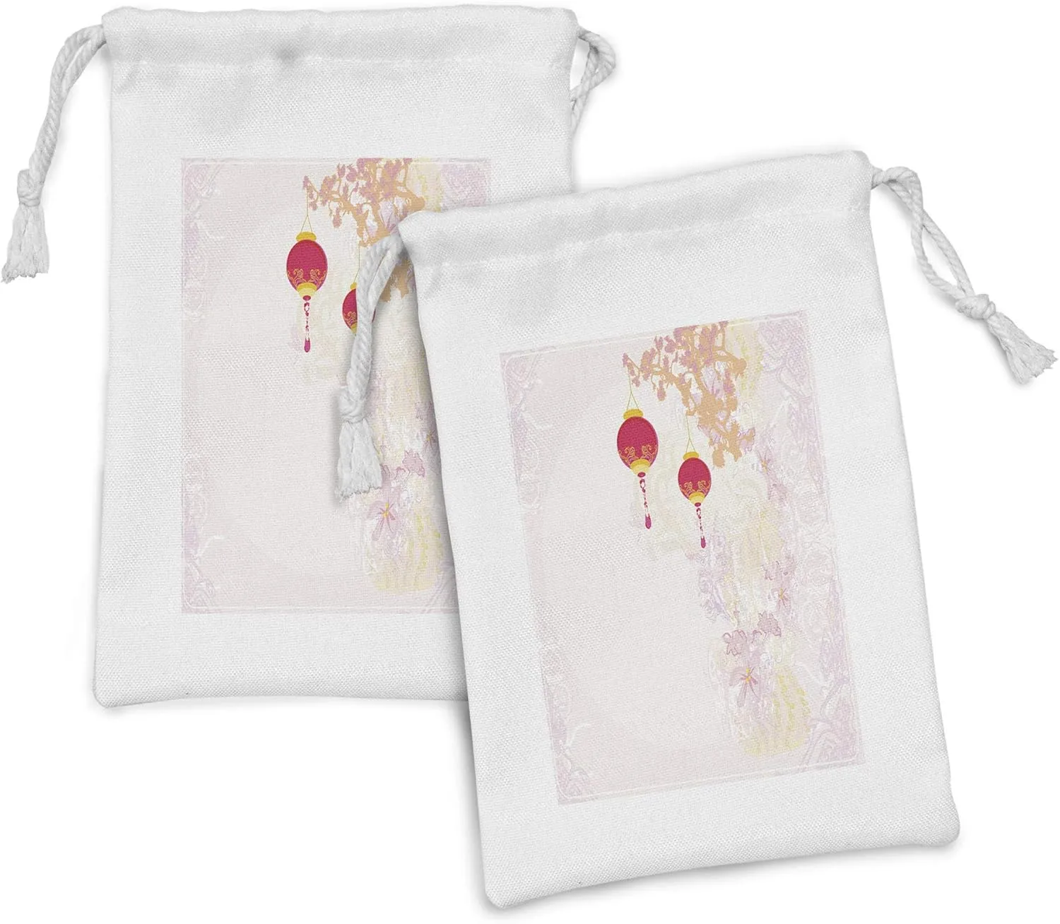Ambesonne Pastel Fabric Pouch Set of 2, Abstract Image Depicting Chinese New Year Old Paper Celebration Soft Design Colorful, Small Drawstring Bag for Toiletries Masks and Favors, 9" x 6",