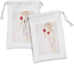 Ambesonne Pastel Fabric Pouch Set of 2, Abstract Image Depicting Chinese New Year Old Paper Celebration Soft Design Colorful, Small Drawstring Bag for Toiletries Masks and Favors, 9" x 6",
