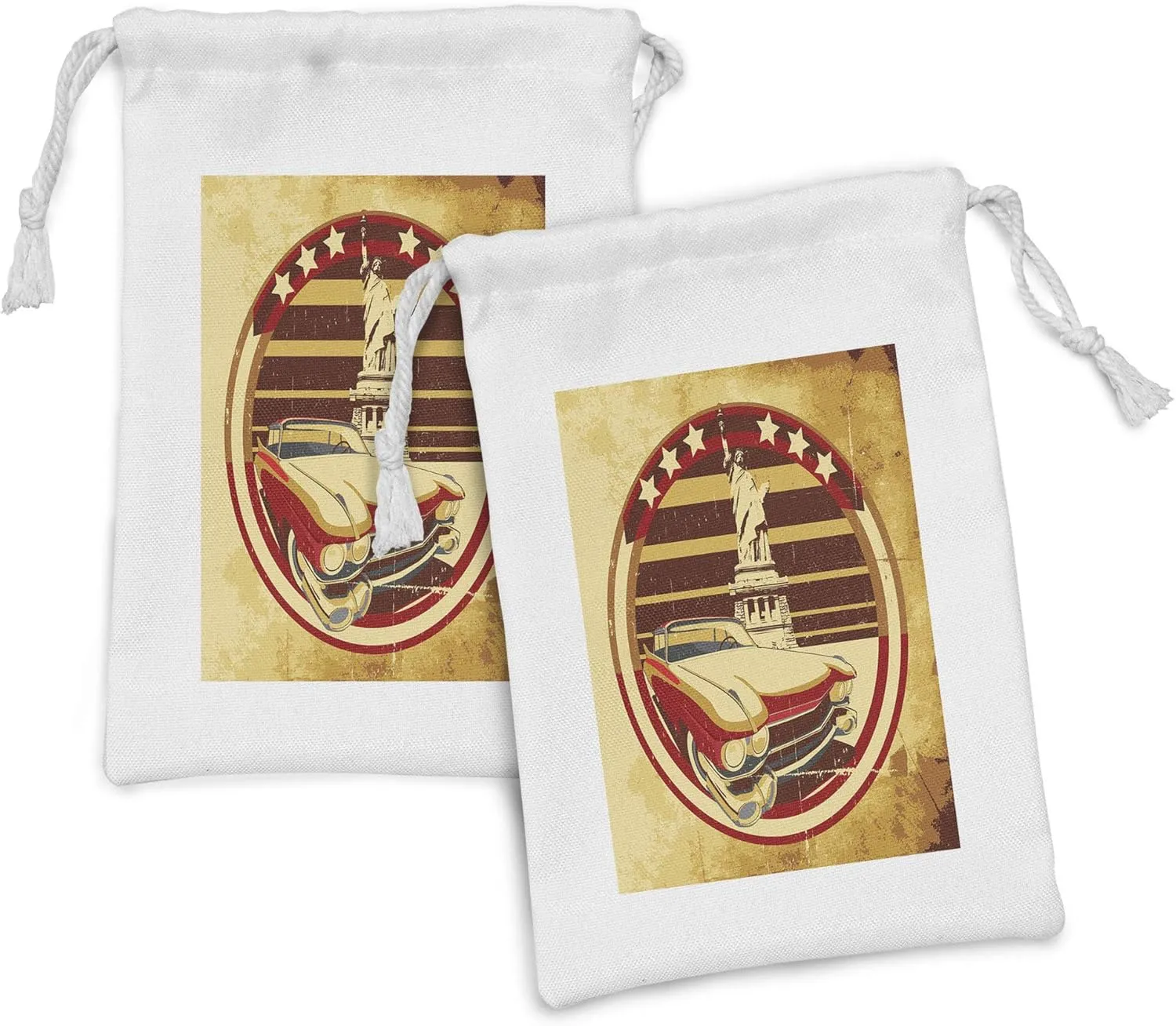 Ambesonne Vintage Car Fabric Pouch Set of 2, Vintage Car Image American of Liberty on Old Paper Print, Small Drawstring Bag for Toiletries Masks and Favors, 9" x 6", Yellow Red Brown