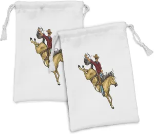 Ambesonne Western Horse Fabric Pouch Set of 2, Wild West Illustration of a Rodeo Cowboy Riding a Bucking Bronco Saddle, Small Drawstring Bag for Toiletries Masks and Favors, 9" x 6", Multicolor