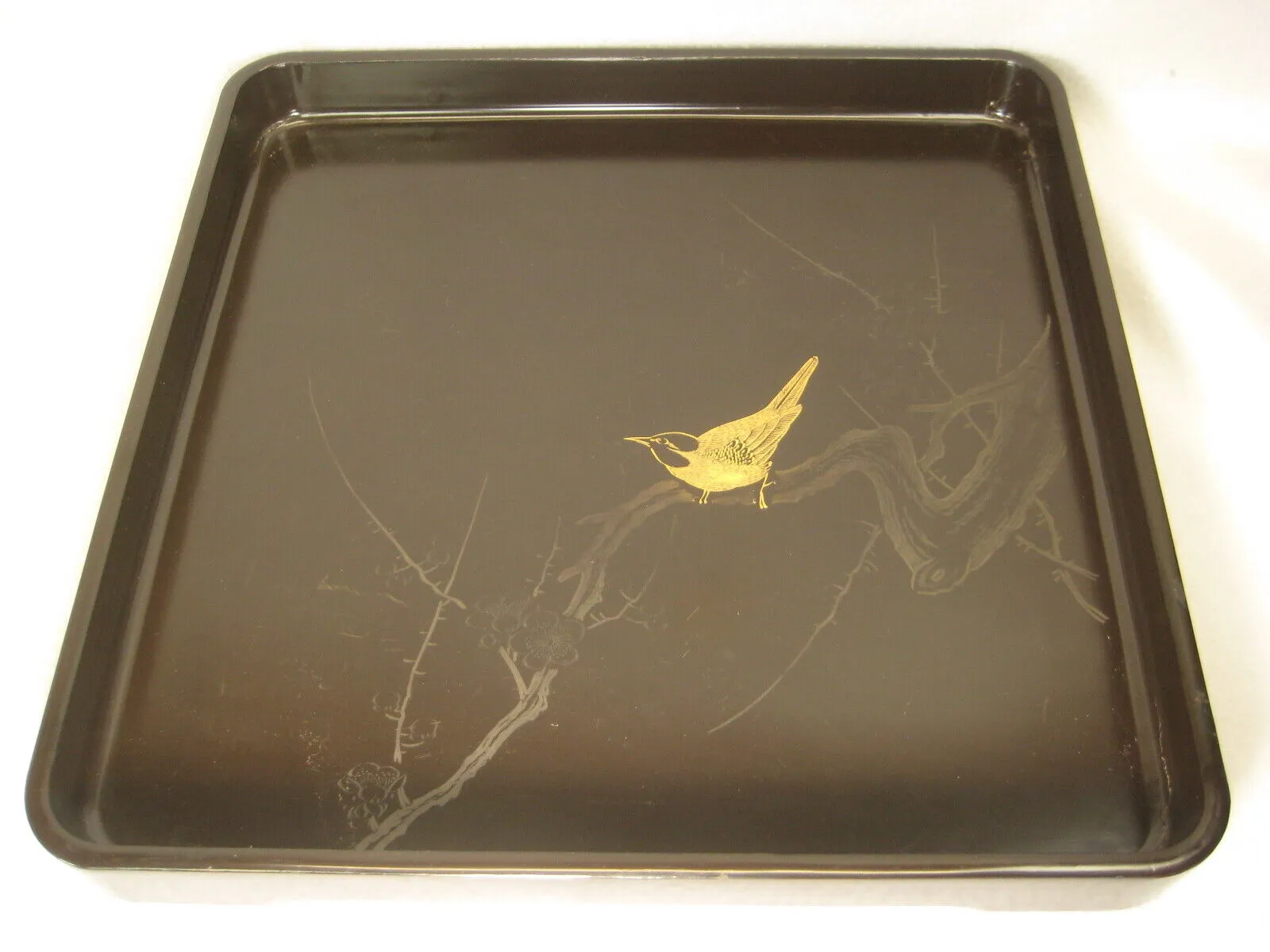 Antique Japanese Meiji Era (C.1890)  Wood & Lacquer Obon Ozen Tray Plum & Bird
