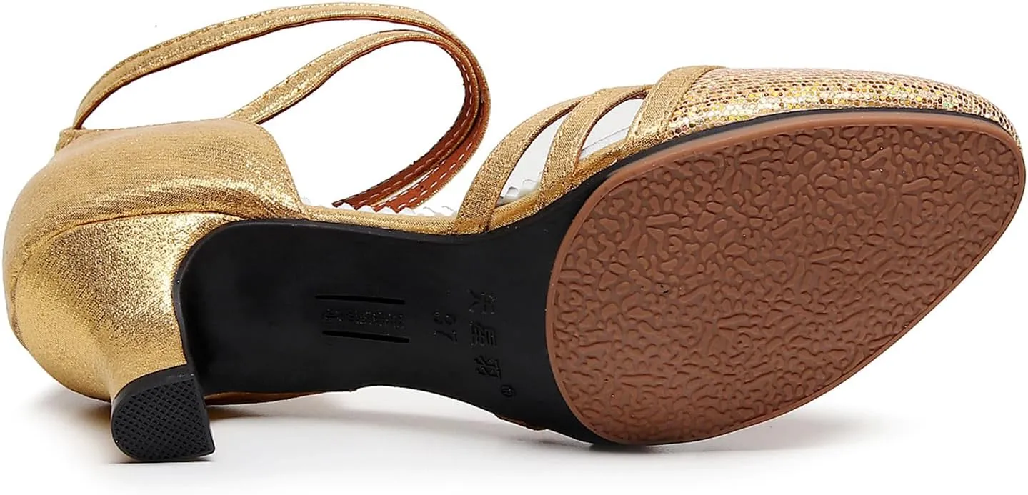 AOQUNFS Women's Glitter Latin Dance Shoes Closed Toe Latin Ballroom Dance Shoes Middle Heel,FT088A
