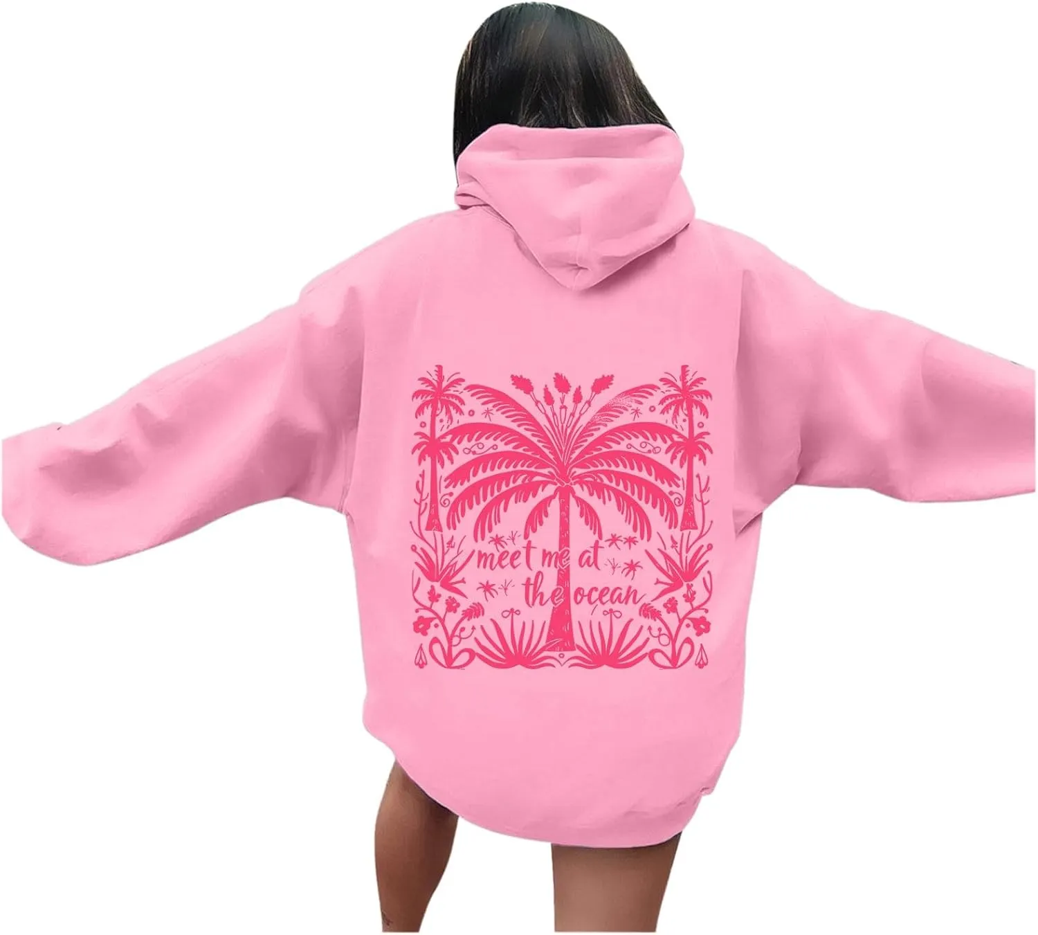 Beach Cute Graphic Hoodiesfor Women ?Oversized Hoodie for Teen Girls Long Sleeve Pink Tree Meet Me Preppy Sweatshirts
