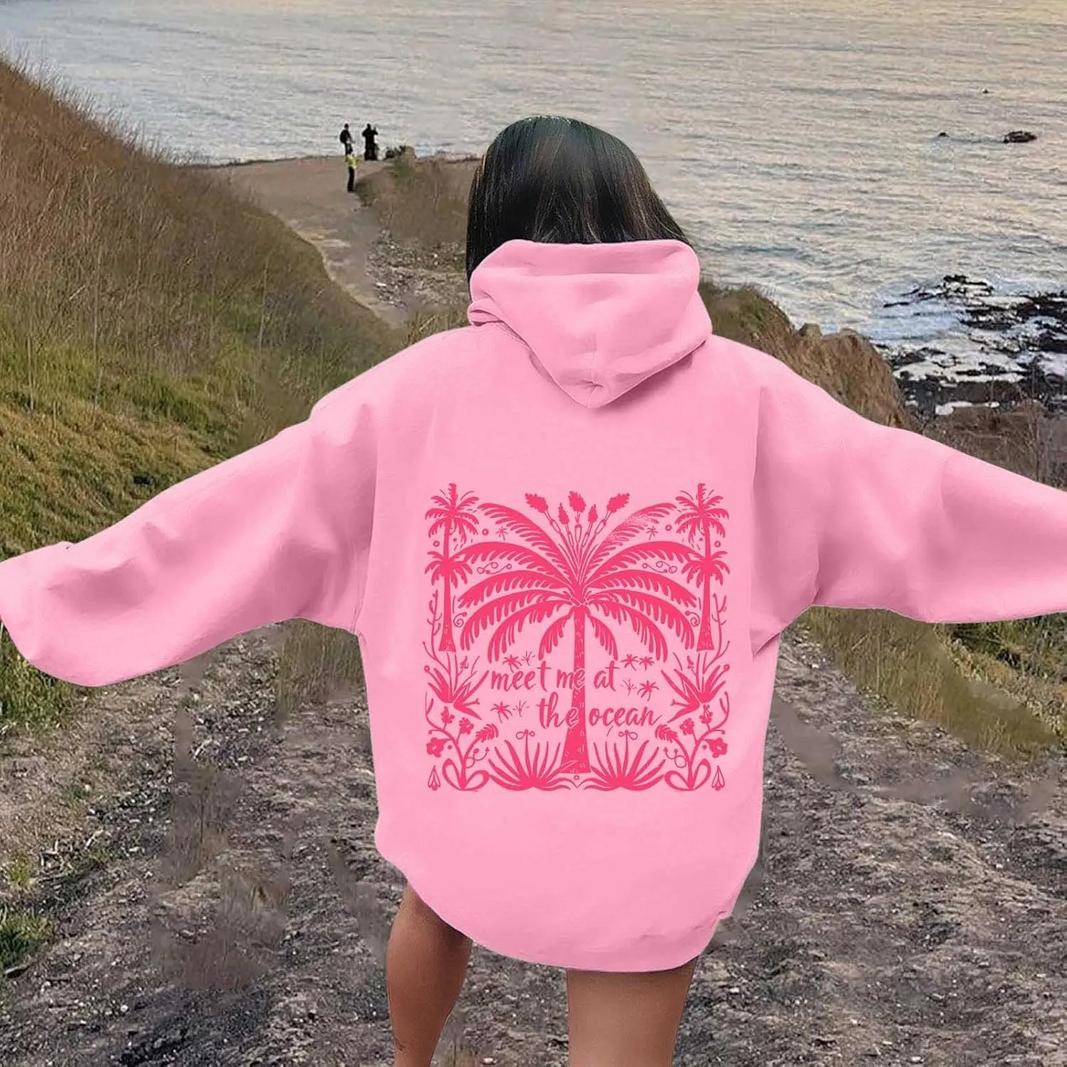 Beach Cute Graphic Hoodiesfor Women ?Oversized Hoodie for Teen Girls Long Sleeve Pink Tree Meet Me Preppy Sweatshirts