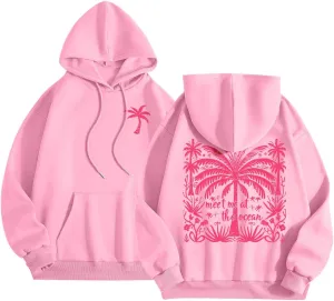 Beach Cute Graphic Hoodiesfor Women ?Oversized Hoodie for Teen Girls Long Sleeve Pink Tree Meet Me Preppy Sweatshirts