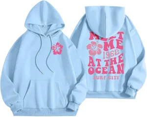 Beach Cute Graphic Hoodiesfor Women ?Oversized Hoodie for Teen Girls Long Sleeve Pink Tree Meet Me Preppy Sweatshirts