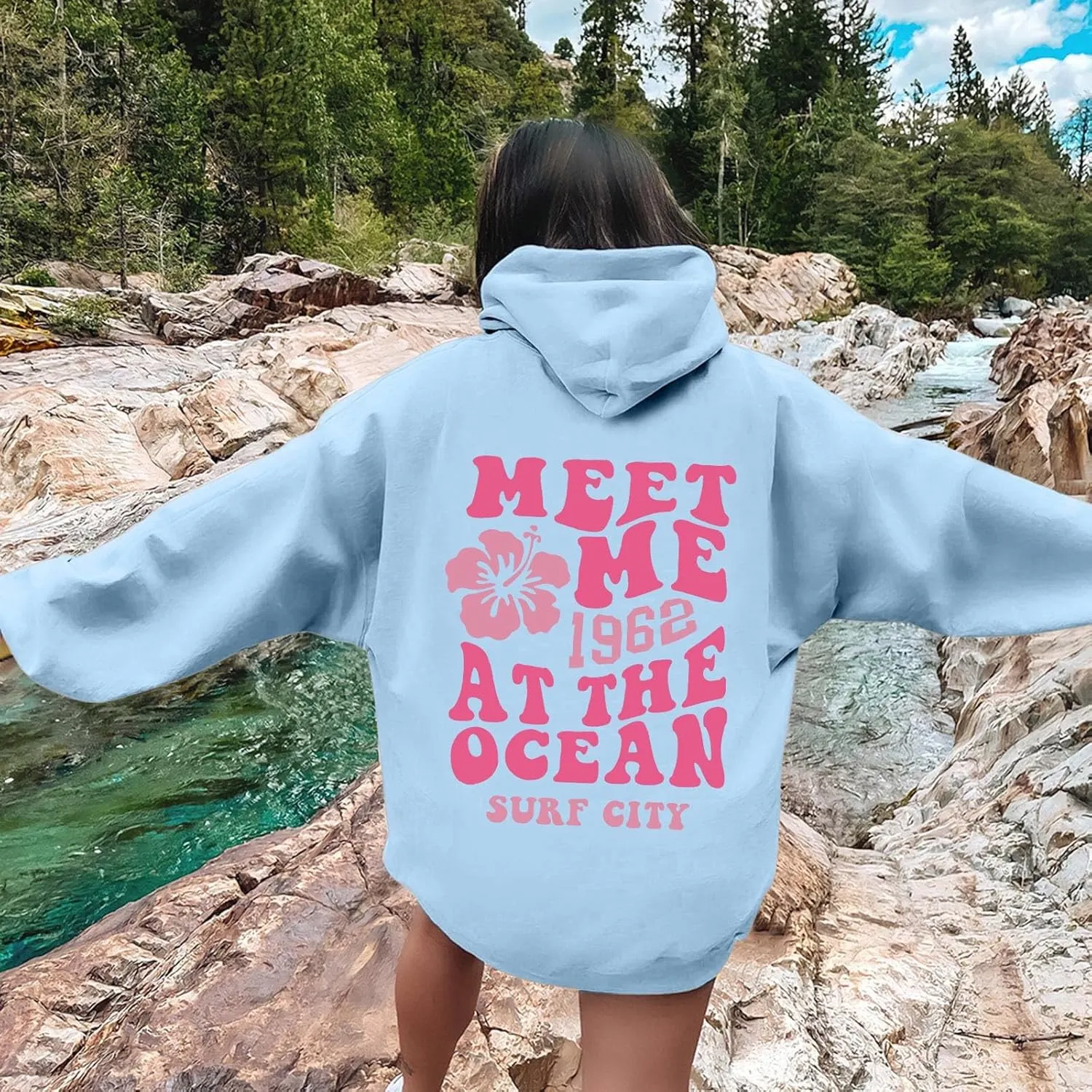 Beach Cute Graphic Hoodiesfor Women ?Oversized Hoodie for Teen Girls Long Sleeve Pink Tree Meet Me Preppy Sweatshirts