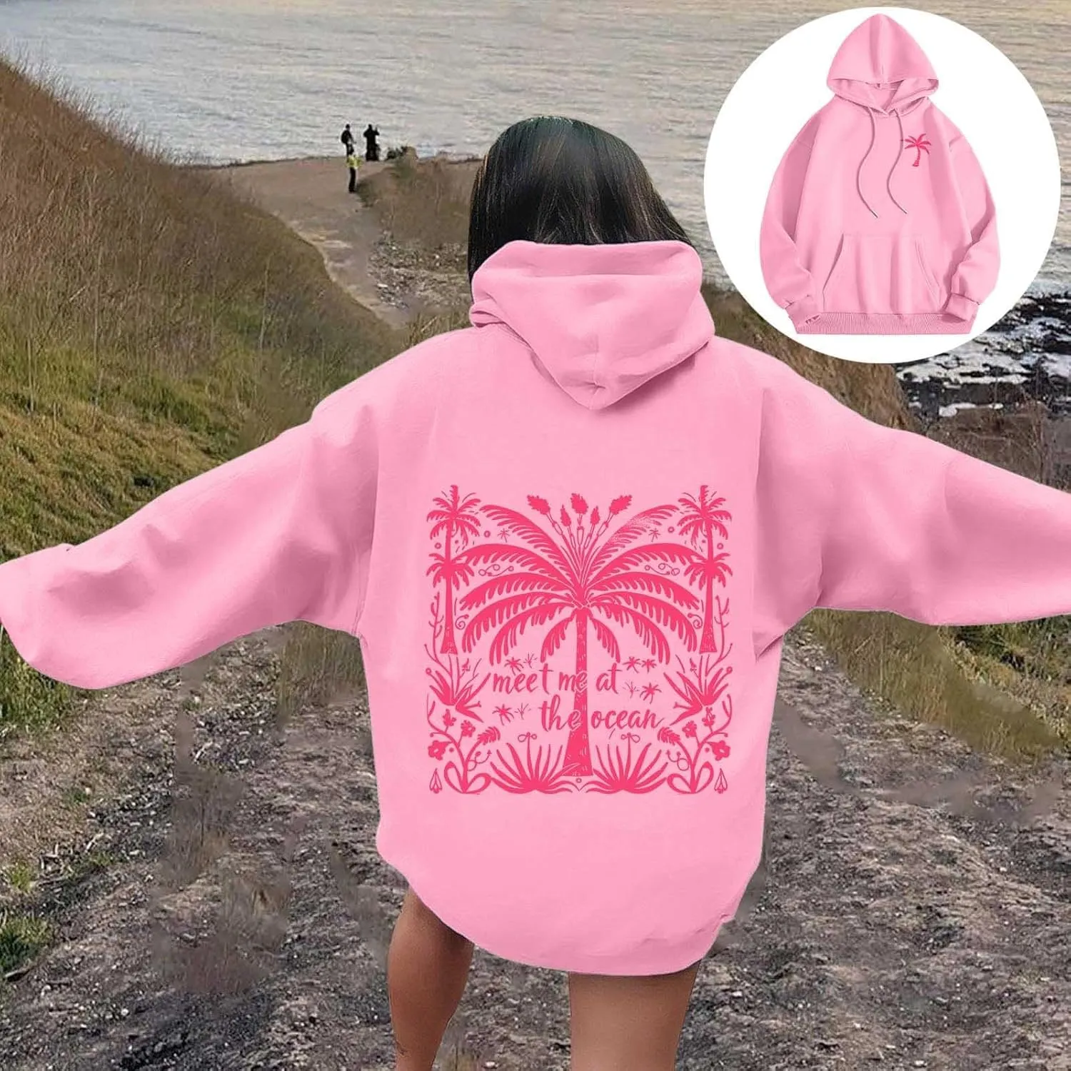 Beach Cute Graphic Hoodiesfor Women ?Oversized Hoodie for Teen Girls Long Sleeve Pink Tree Meet Me Preppy Sweatshirts