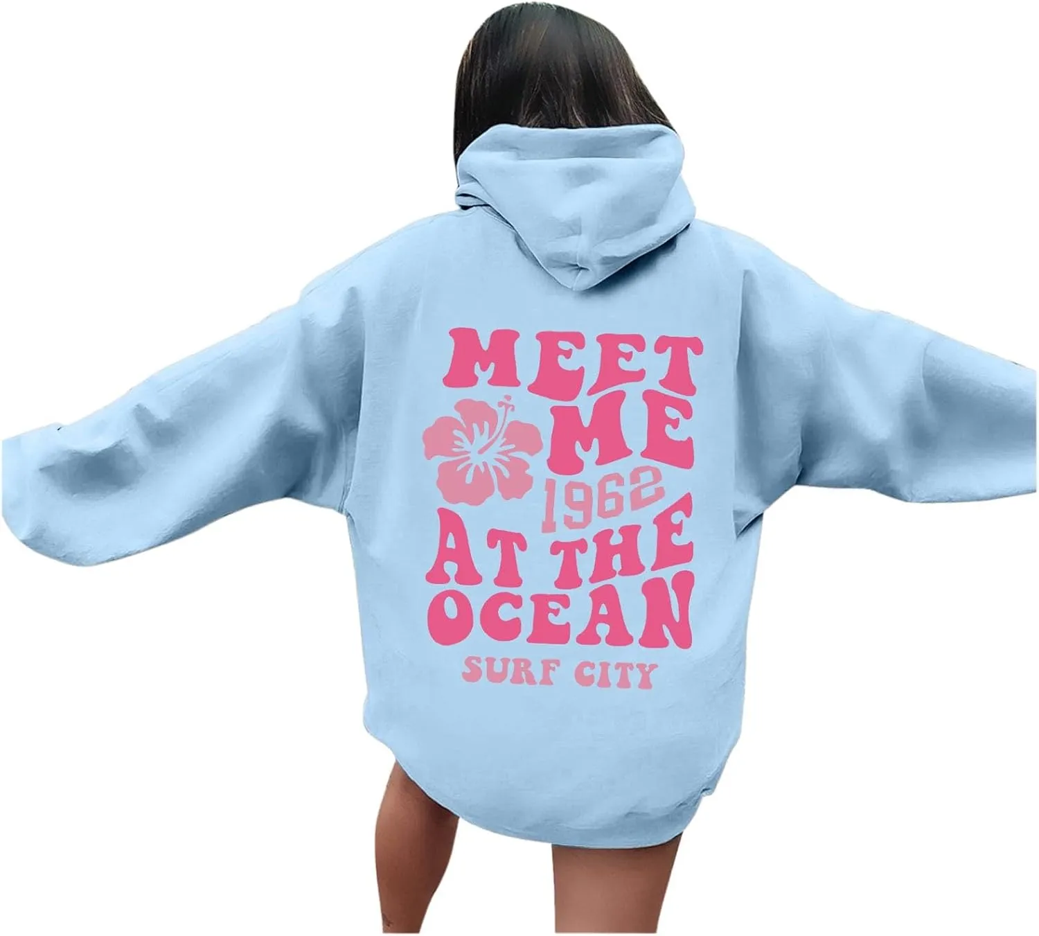 Beach Cute Graphic Hoodiesfor Women ?Oversized Hoodie for Teen Girls Long Sleeve Pink Tree Meet Me Preppy Sweatshirts