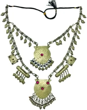 Bib Necklace, Two Layers Necklace With Pendants, Silver Kuchi Necklace With Amulet Style Pendants, Boho Vintage With Tassels