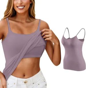 Camisole Tank Top with Built in Bra for Women V Neck Sleeveless Summer Workout Going Out Double Lined Shelf Cami Shirt