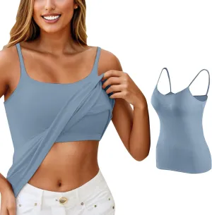 Camisole Tank Top with Built in Bra for Women V Neck Sleeveless Summer Workout Going Out Double Lined Shelf Cami Shirt