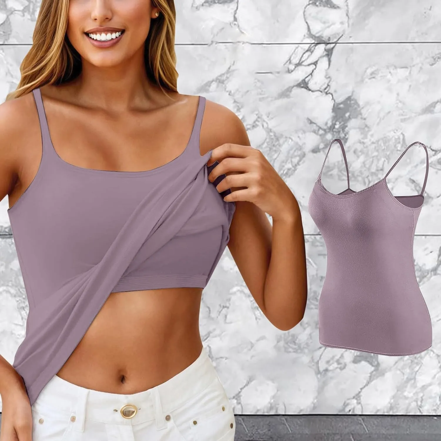 Camisole Tank Top with Built in Bra for Women V Neck Sleeveless Summer Workout Going Out Double Lined Shelf Cami Shirt