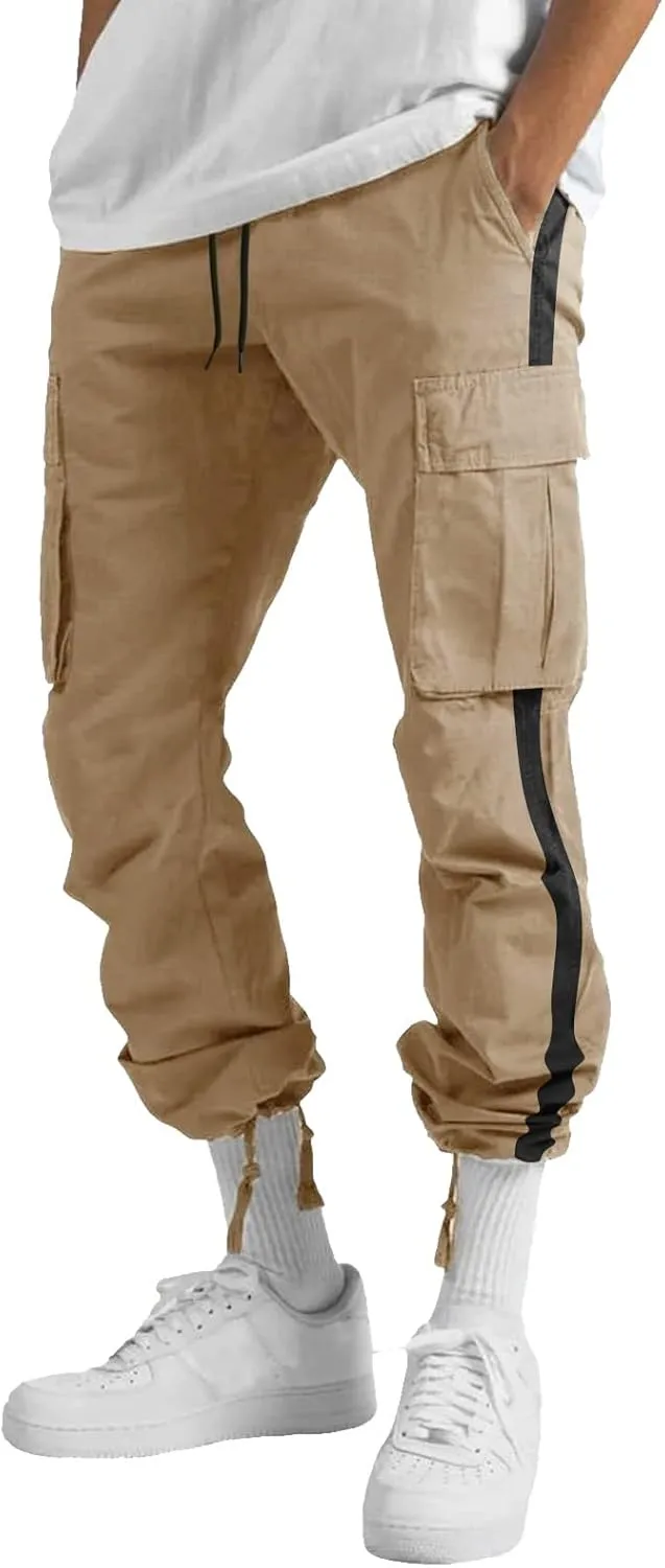 Cargo Pants for Men Baggy Casual Pants for Men False Zipper Pockets Low Rise Jogging Pants Straight Leg Elastic Waist