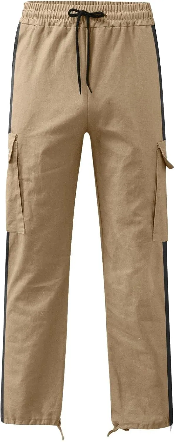 Cargo Pants for Men Baggy Casual Pants for Men False Zipper Pockets Low Rise Jogging Pants Straight Leg Elastic Waist