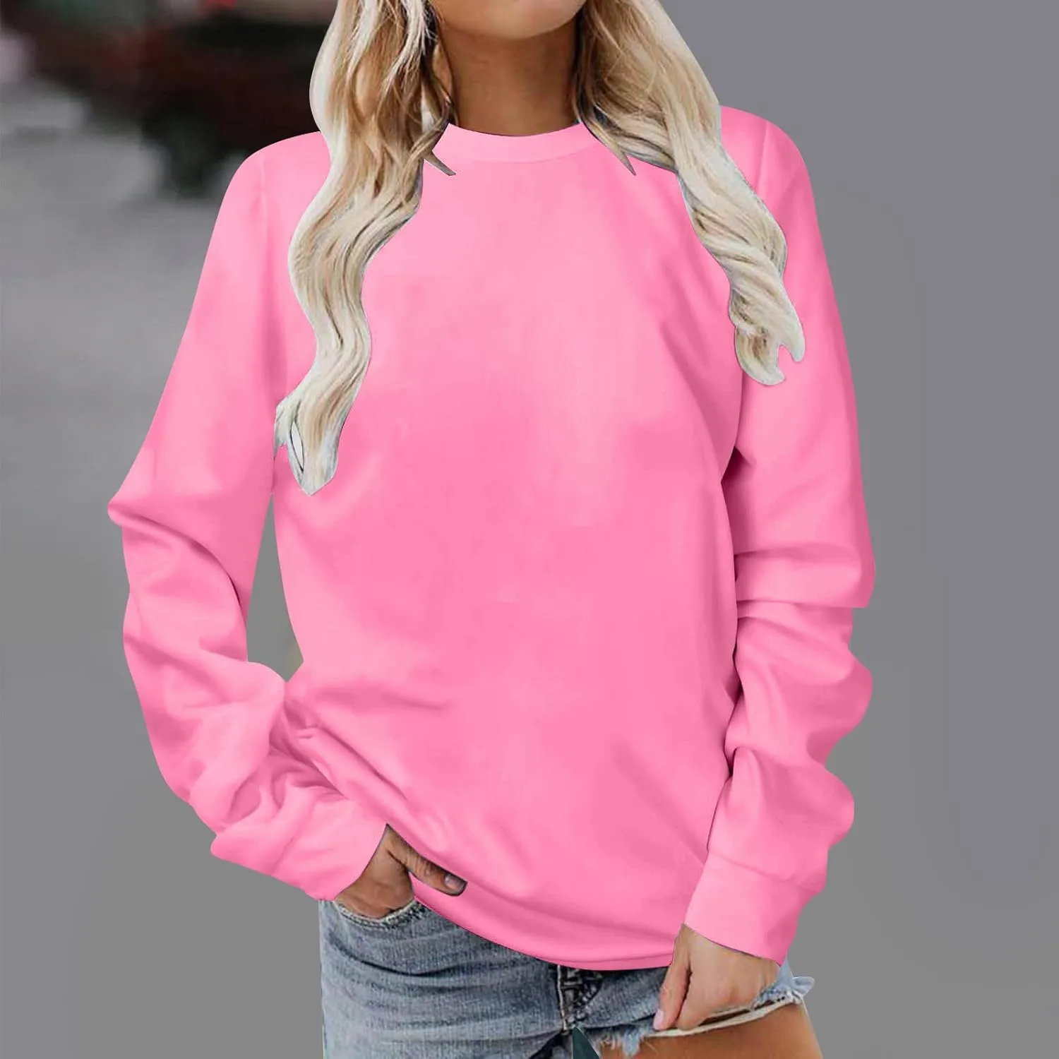 Ceboyel Womens No Hooded Crew Neck Sweatshirt Solid Color Comfy Pullover Tops Long Sleeve Shirts Sweater Trendy Clothes 2024