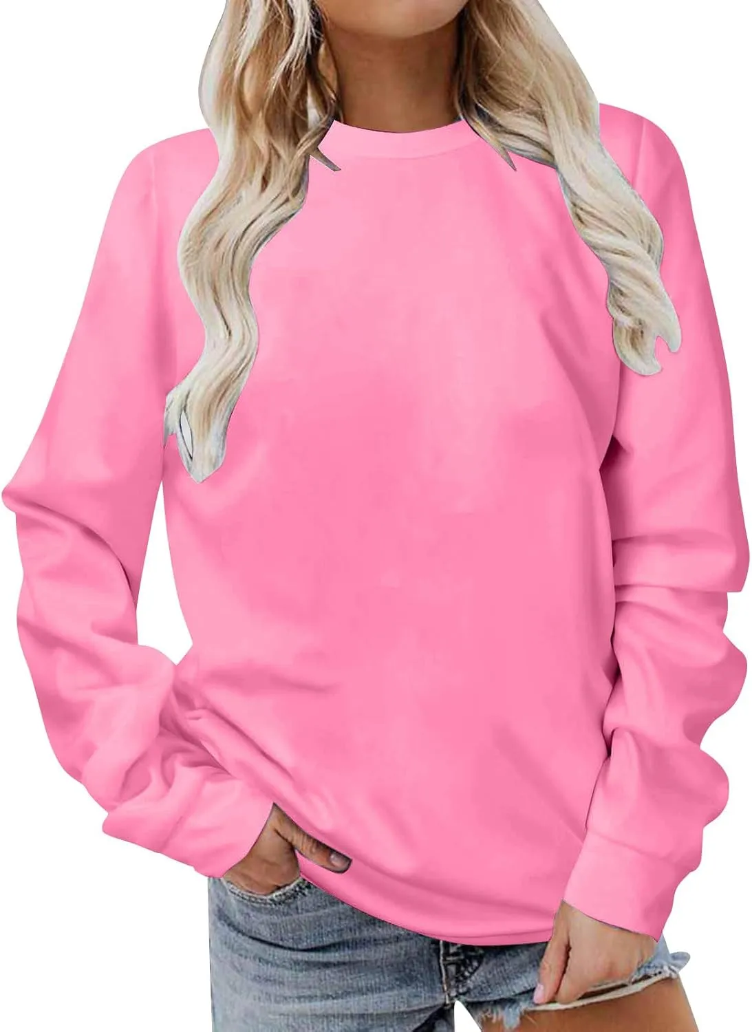 Ceboyel Womens No Hooded Crew Neck Sweatshirt Solid Color Comfy Pullover Tops Long Sleeve Shirts Sweater Trendy Clothes 2024