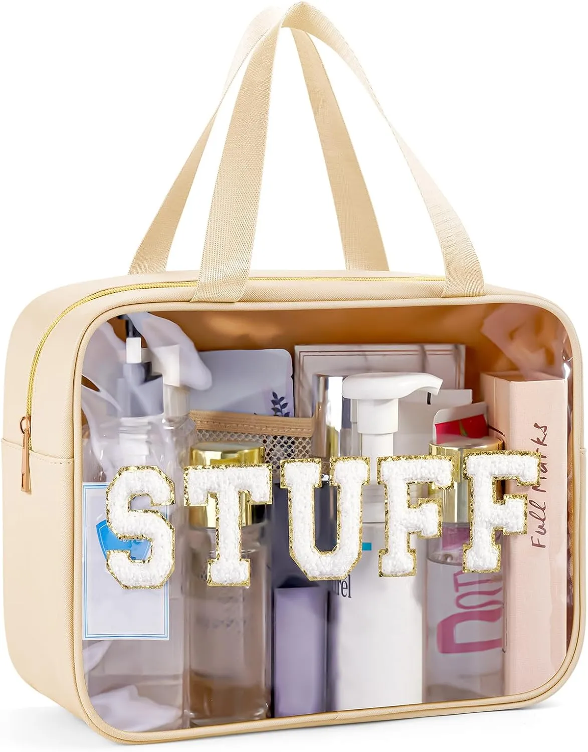 Clear Makeup Bag Transparent Cosmetic Bag Organizer for Women Waterproof Travel Toiletry Bag Portable Make up Bag with Chenille Letter, Large, Beige