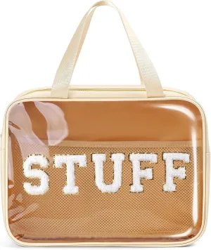 Clear Makeup Bag Transparent Cosmetic Bag Organizer for Women Waterproof Travel Toiletry Bag Portable Make up Bag with Chenille Letter, Large, Beige