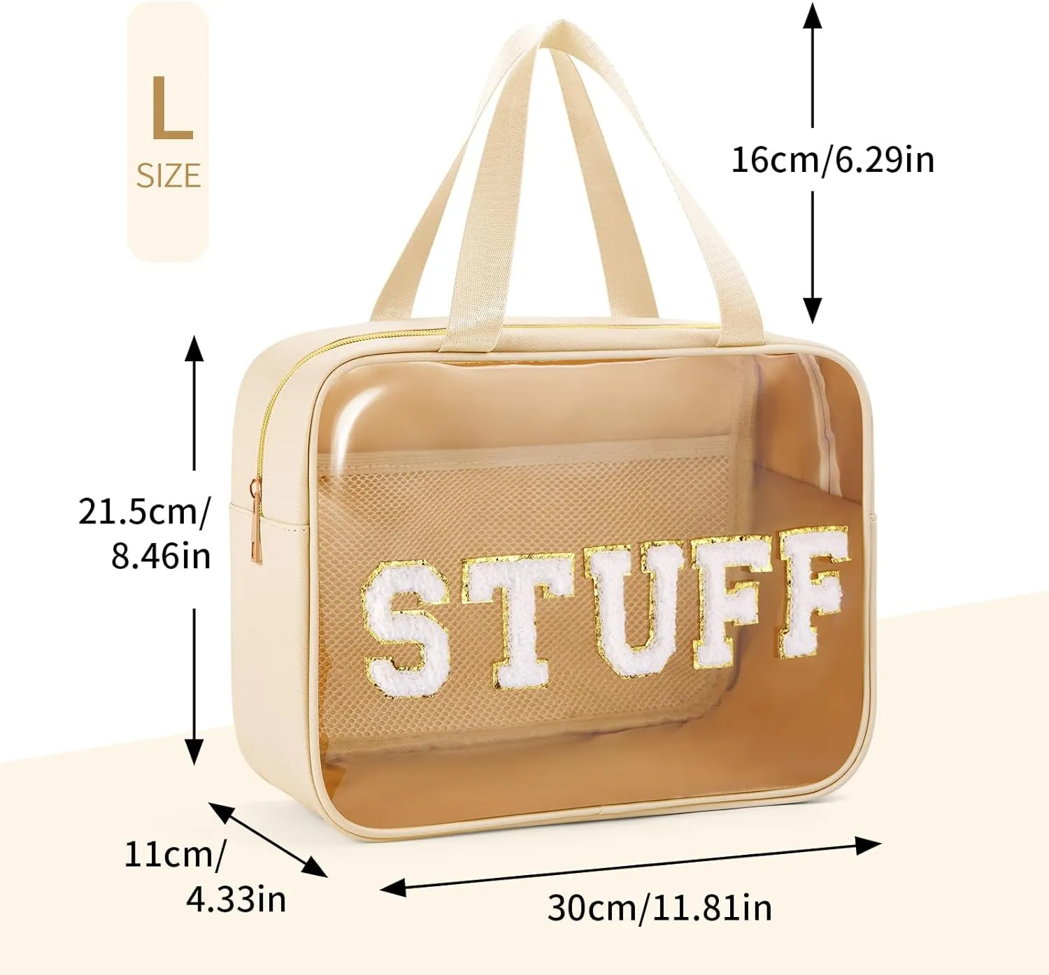 Clear Makeup Bag Transparent Cosmetic Bag Organizer for Women Waterproof Travel Toiletry Bag Portable Make up Bag with Chenille Letter, Large, Beige
