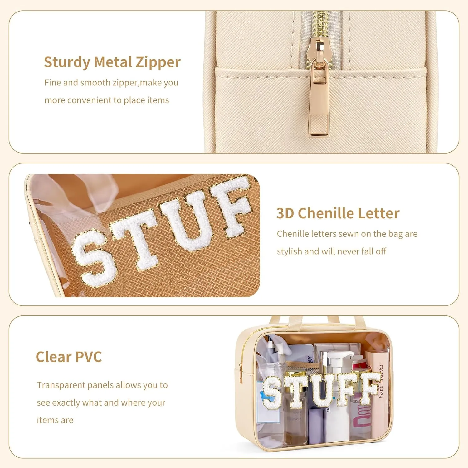 Clear Makeup Bag Transparent Cosmetic Bag Organizer for Women Waterproof Travel Toiletry Bag Portable Make up Bag with Chenille Letter, Large, Beige