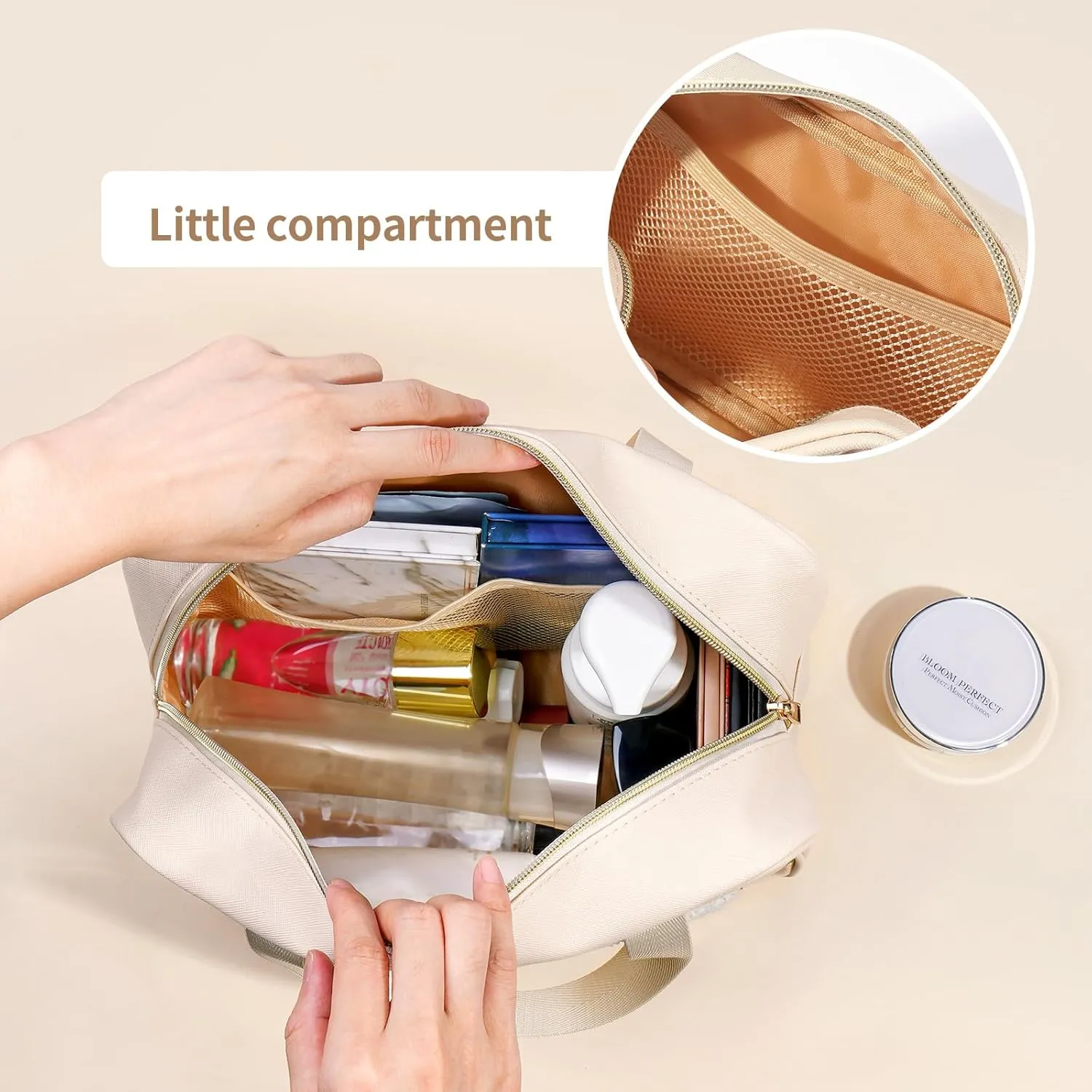 Clear Makeup Bag Transparent Cosmetic Bag Organizer for Women Waterproof Travel Toiletry Bag Portable Make up Bag with Chenille Letter, Large, Beige