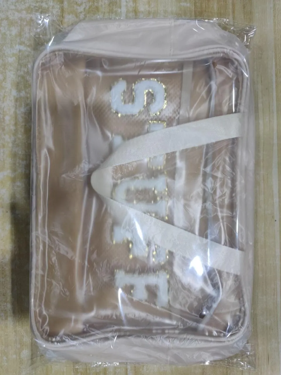Clear Makeup Bag Transparent Cosmetic Bag Organizer for Women Waterproof Travel Toiletry Bag Portable Make up Bag with Chenille Letter, Large, Beige