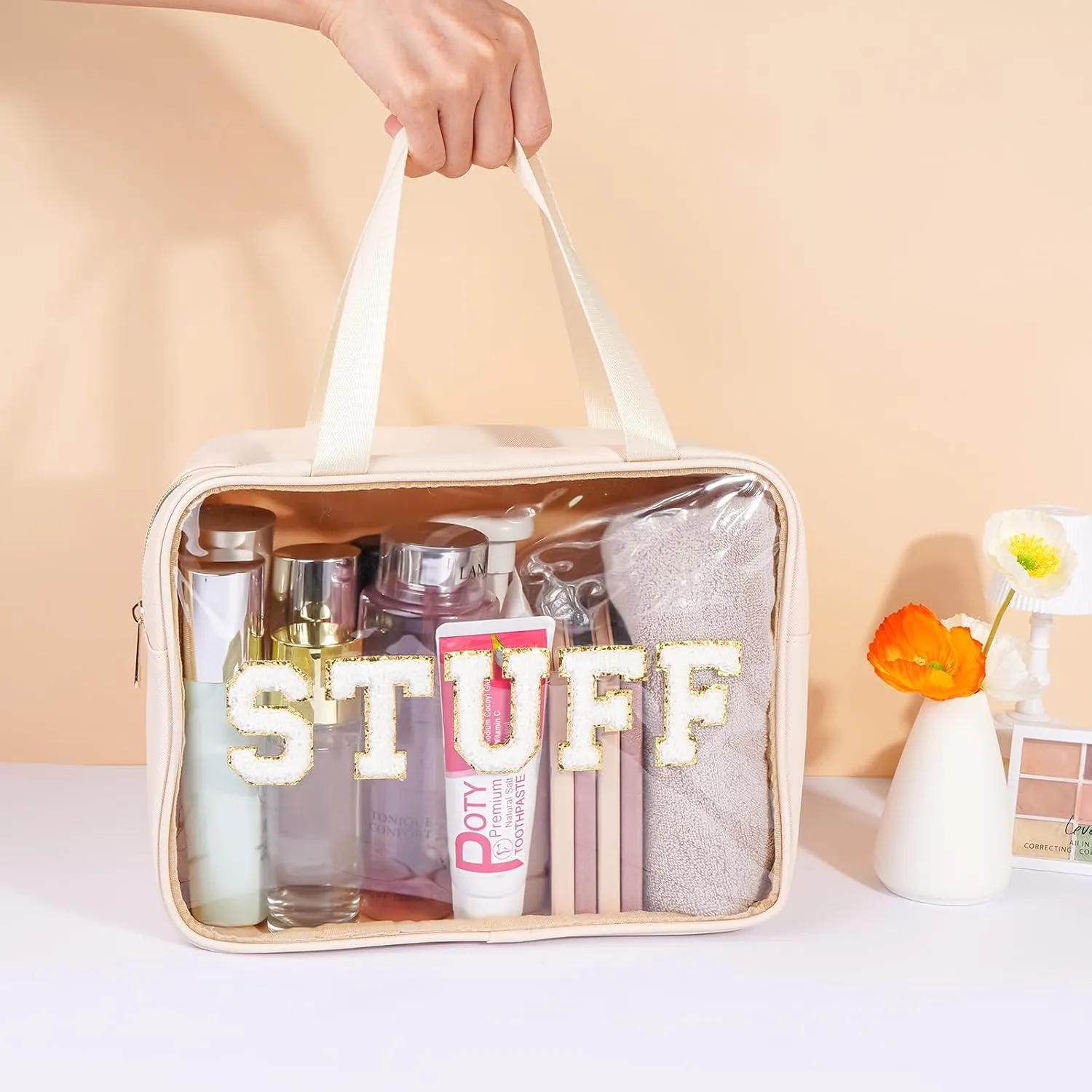 Clear Makeup Bag Transparent Cosmetic Bag Organizer for Women Waterproof Travel Toiletry Bag Portable Make up Bag with Chenille Letter, Large, Beige