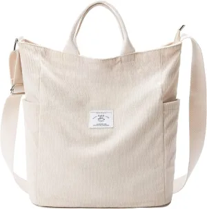 Corduroy Tote Bag, Large Messenger Bag Shoulder Hobo Anti Splash Crossbody Zipper Bag Casual Work Shopping Women Beige (white)