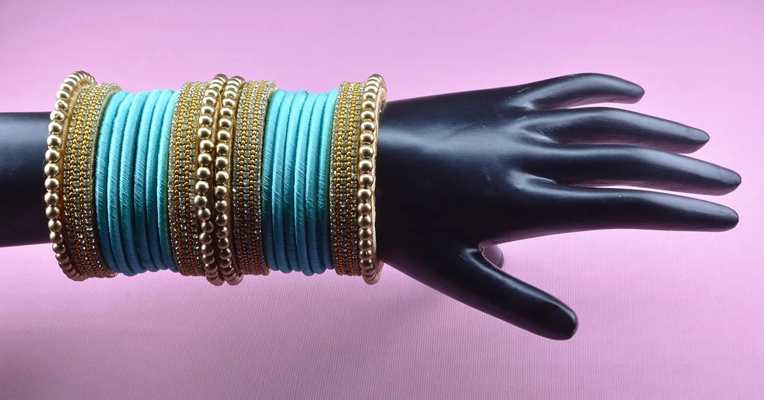 CRAFT LOVE Designer Rhinestone Beaded Silk Thread Bangles Set, Handmade Silk Dori Bangle Set for Women & Girls
