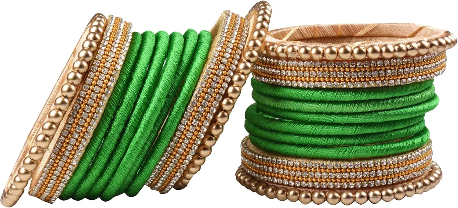 CRAFT LOVE Designer Rhinestone Beaded Silk Thread Bangles Set, Handmade Silk Dori Bangle Set for Women & Girls