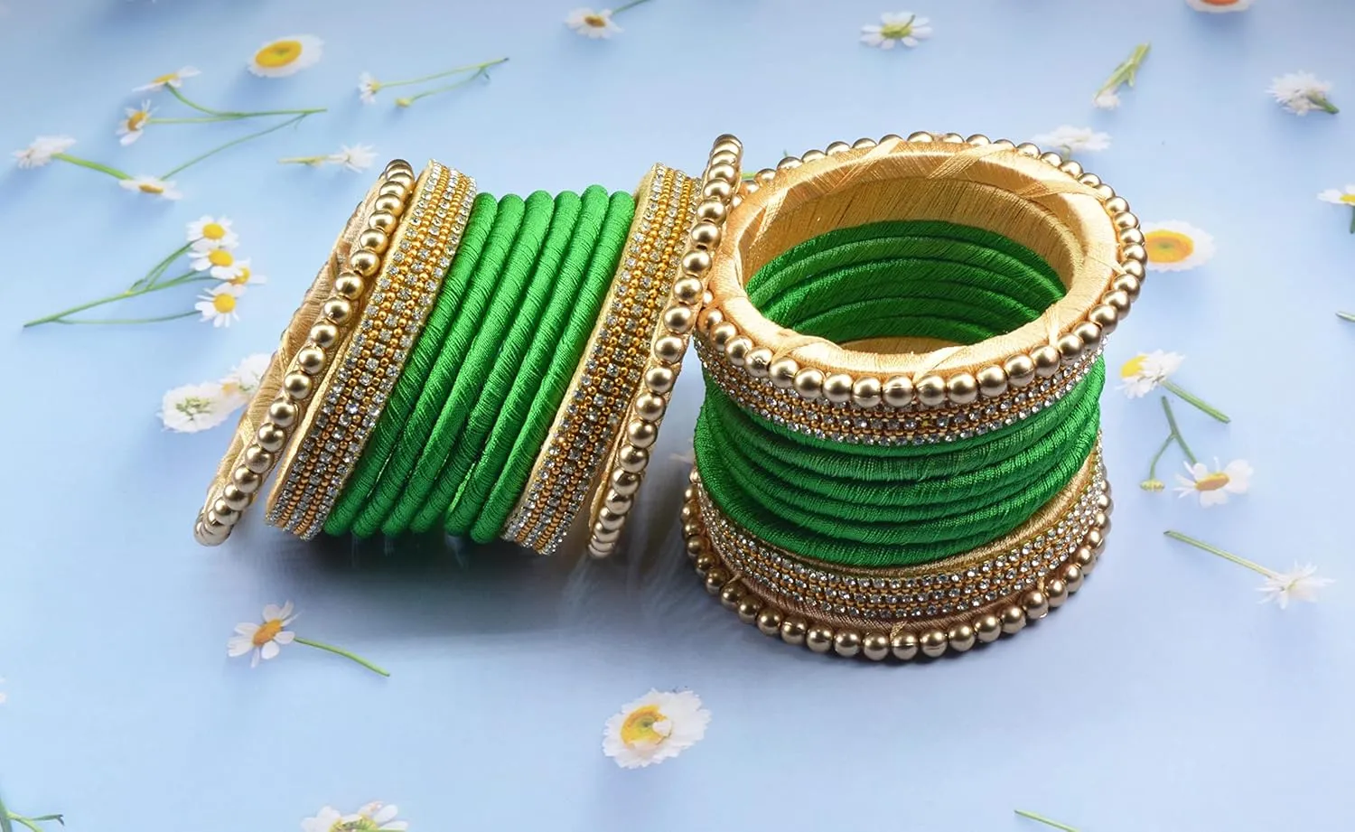CRAFT LOVE Designer Rhinestone Beaded Silk Thread Bangles Set, Handmade Silk Dori Bangle Set for Women & Girls