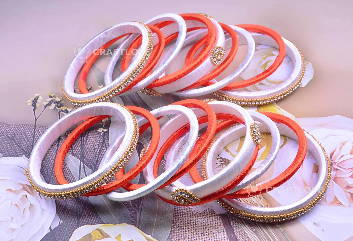 CRAFT LOVE Rhinestone Dual Colour Silk Thread Bangles Set, Handmade Silk Thread Bangle Set for Women