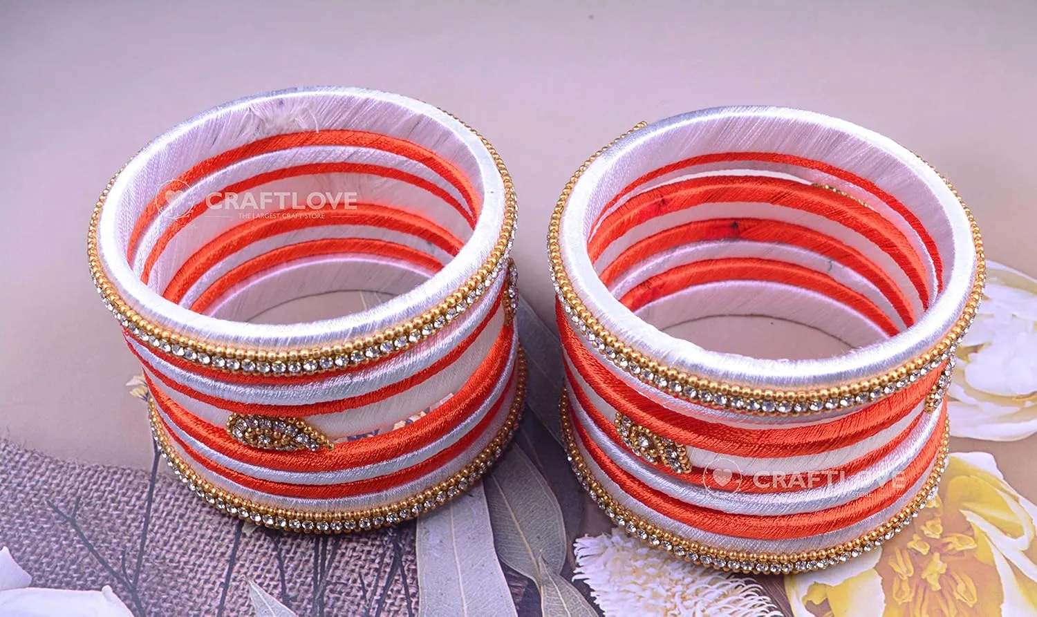 CRAFT LOVE Rhinestone Dual Colour Silk Thread Bangles Set, Handmade Silk Thread Bangle Set for Women