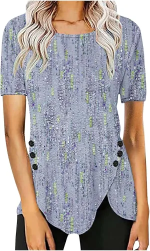 Cute Tops for Women Summer Boho Trendy Short Sleeve Tunic Tops Floral Print Flowy Blouses Fashion Ladies Clothes 2024