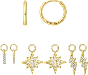 Dangle Huggie Hoop Earrings 3 Interchangeable CZ Pendants Set Teardrop Heart Round 2 Triple Marquise Star Lightning Charms Mix and Match Stackable Jewelry