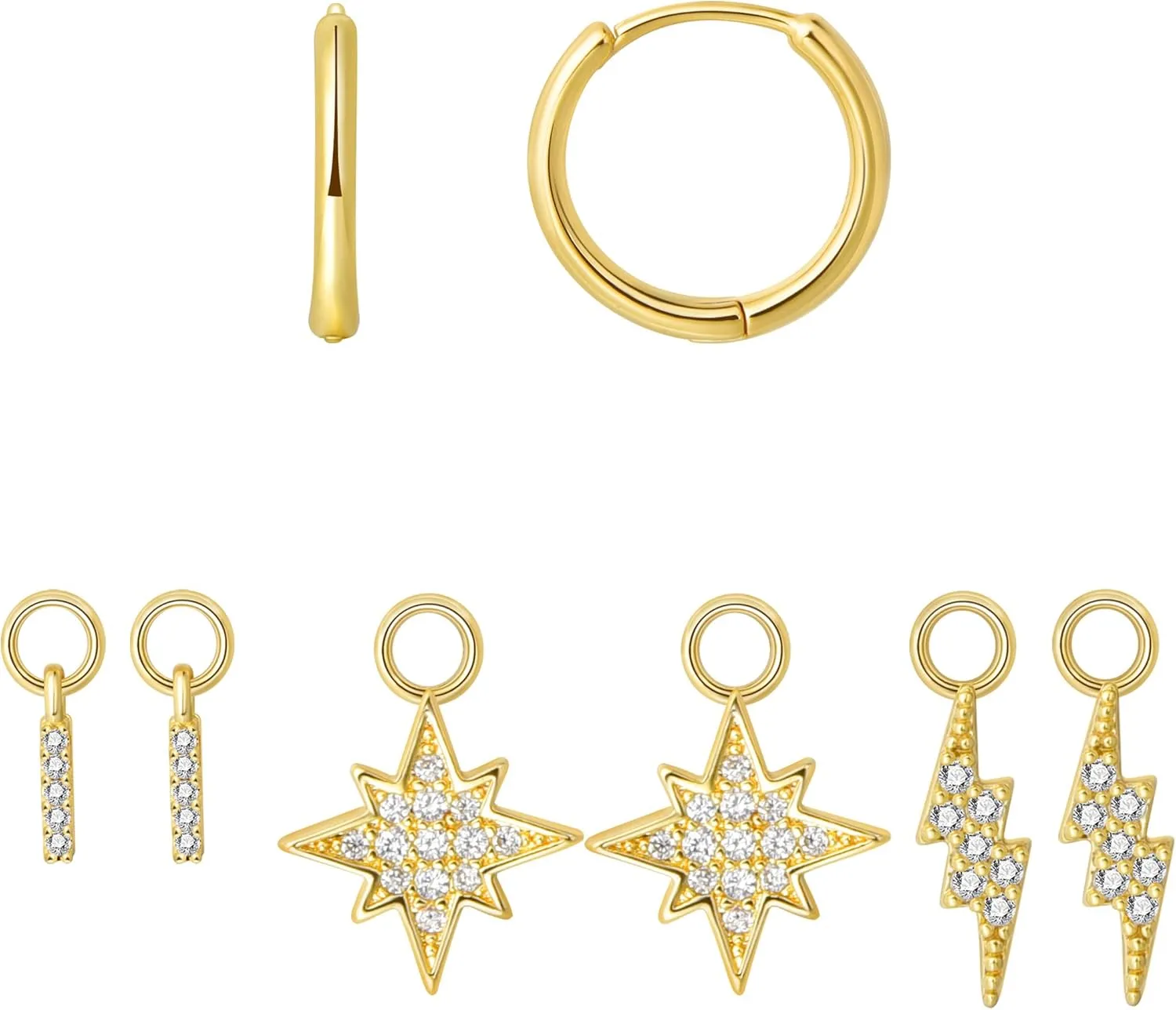 Dangle Huggie Hoop Earrings 3 Interchangeable CZ Pendants Set Teardrop Heart Round 2 Triple Marquise Star Lightning Charms Mix and Match Stackable Jewelry