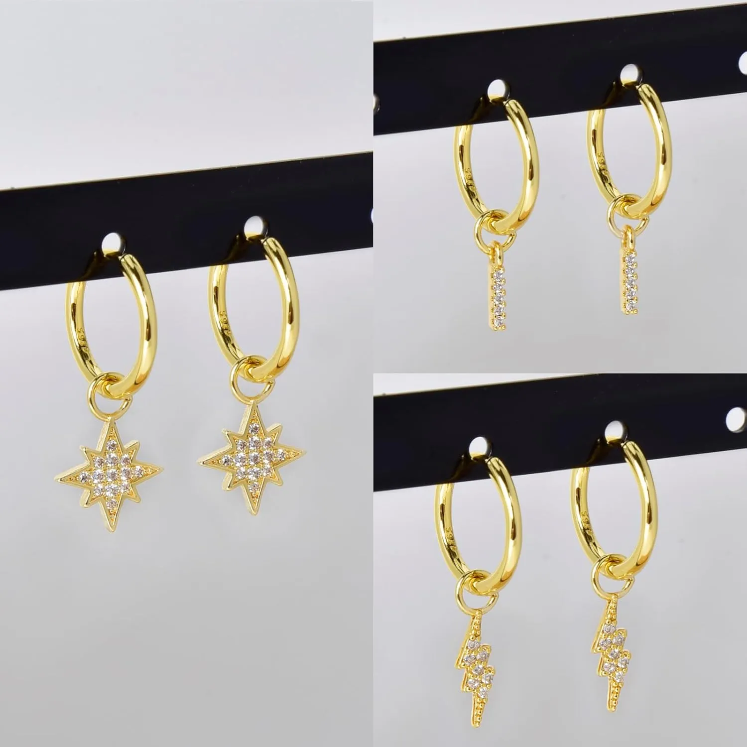 Dangle Huggie Hoop Earrings 3 Interchangeable CZ Pendants Set Teardrop Heart Round 2 Triple Marquise Star Lightning Charms Mix and Match Stackable Jewelry