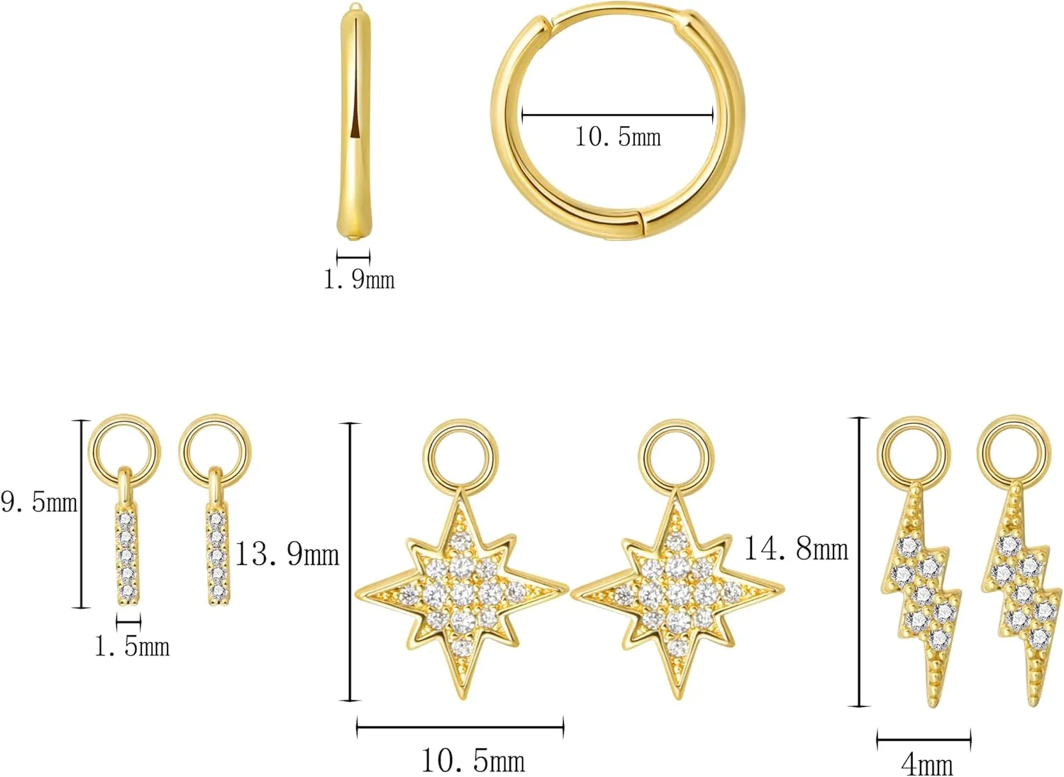 Dangle Huggie Hoop Earrings 3 Interchangeable CZ Pendants Set Teardrop Heart Round 2 Triple Marquise Star Lightning Charms Mix and Match Stackable Jewelry