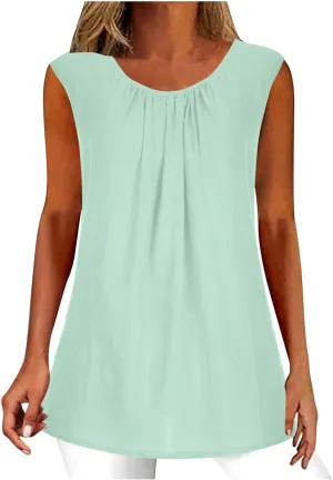 DASAYO Women's Sleeveless Linen Tank Tops Solid Color Crewneck Loose Tshirt Tanks Flowy Retro Gauze Going Out Shirt Blouse