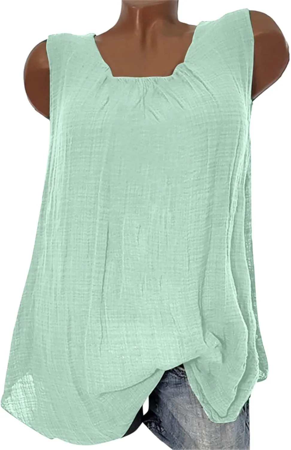 DASAYO Women's Sleeveless Linen Tank Tops Solid Color Crewneck Loose Tshirt Tanks Flowy Retro Gauze Going Out Shirt Blouse