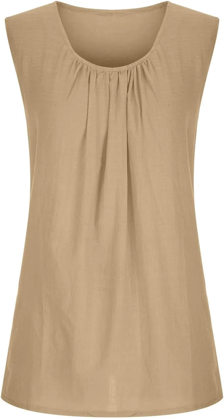 DASAYO Women's Sleeveless Linen Tank Tops Solid Color Crewneck Loose Tshirt Tanks Flowy Retro Gauze Going Out Shirt Blouse