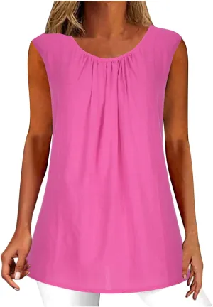 DASAYO Women's Sleeveless Linen Tank Tops Solid Color Crewneck Loose Tshirt Tanks Flowy Retro Gauze Going Out Shirt Blouse