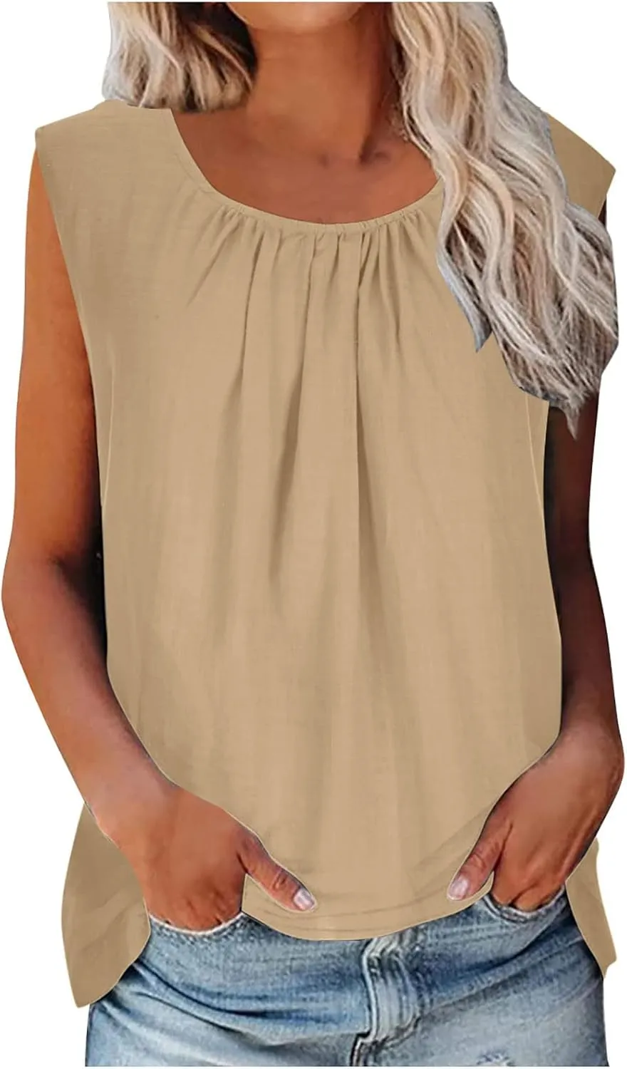 DASAYO Women's Sleeveless Linen Tank Tops Solid Color Crewneck Loose Tshirt Tanks Flowy Retro Gauze Going Out Shirt Blouse