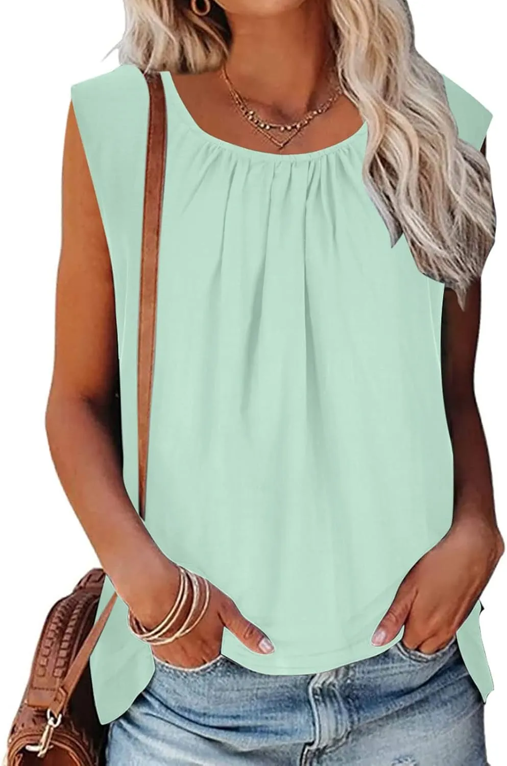 DASAYO Women's Sleeveless Linen Tank Tops Solid Color Crewneck Loose Tshirt Tanks Flowy Retro Gauze Going Out Shirt Blouse