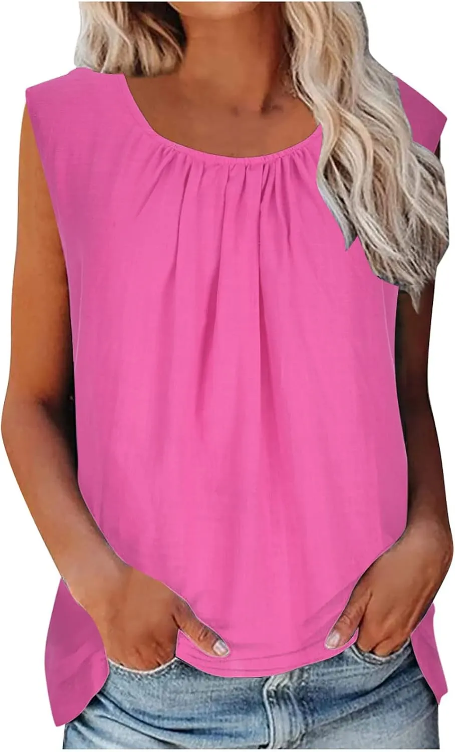 DASAYO Women's Sleeveless Linen Tank Tops Solid Color Crewneck Loose Tshirt Tanks Flowy Retro Gauze Going Out Shirt Blouse