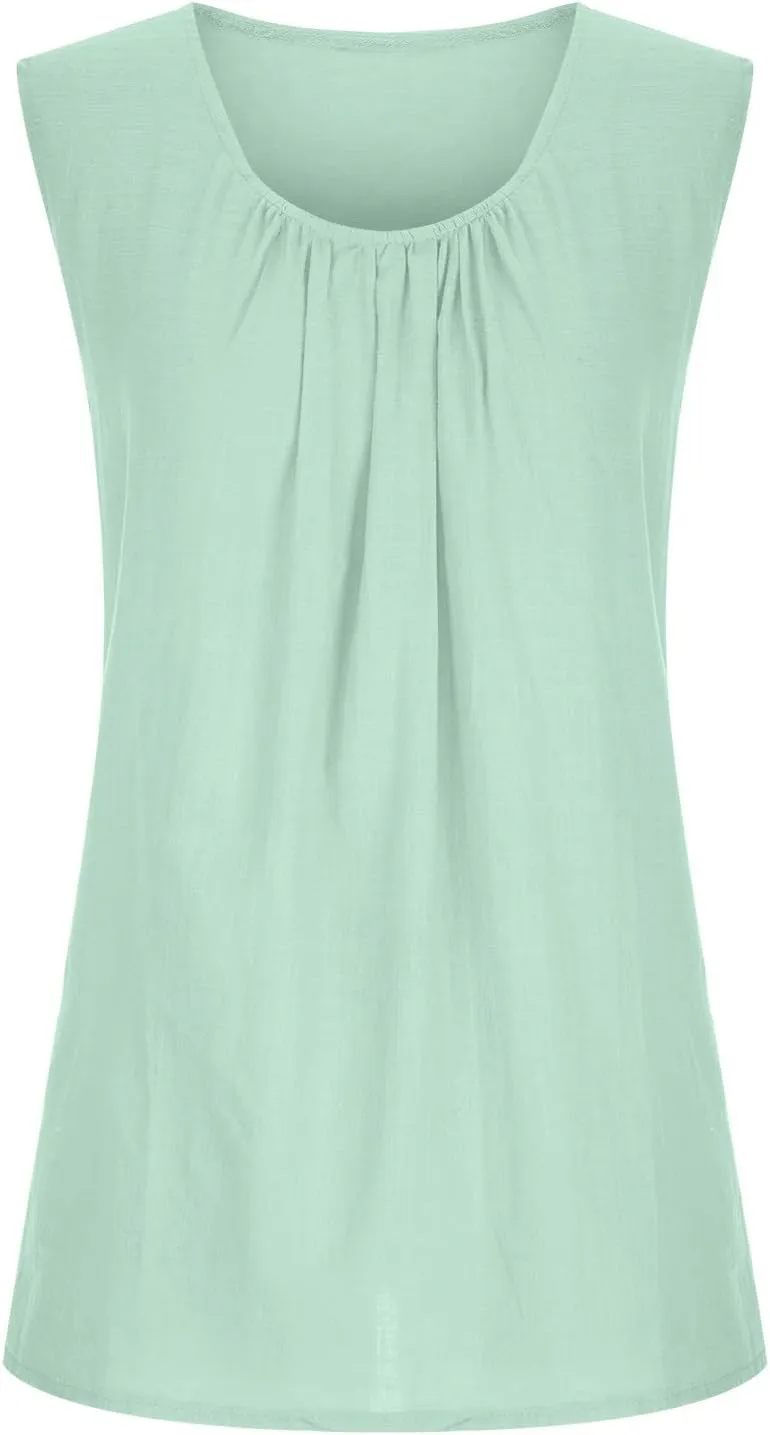 DASAYO Women's Sleeveless Linen Tank Tops Solid Color Crewneck Loose Tshirt Tanks Flowy Retro Gauze Going Out Shirt Blouse