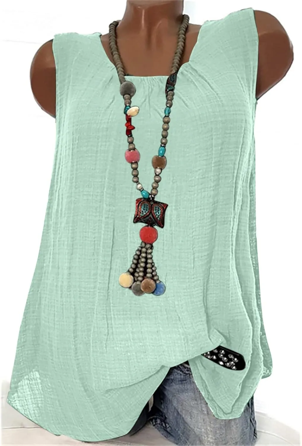 DASAYO Women's Sleeveless Linen Tank Tops Solid Color Crewneck Loose Tshirt Tanks Flowy Retro Gauze Going Out Shirt Blouse